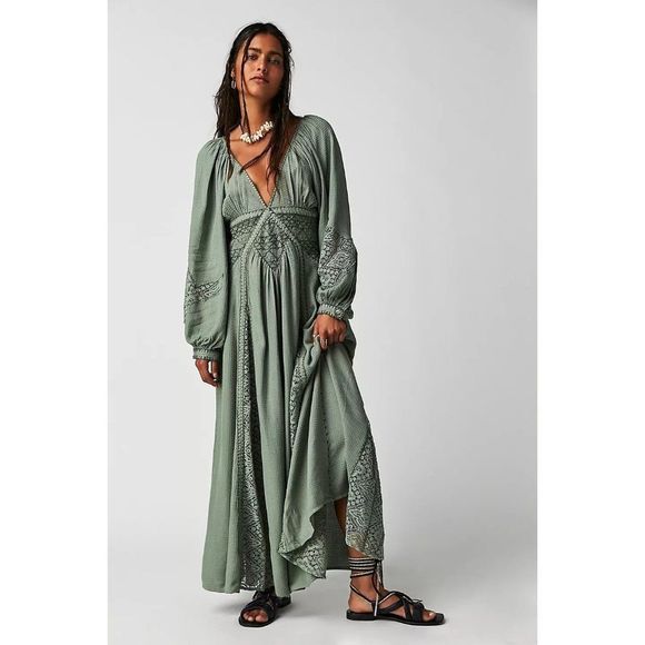 Free People Dresses & Skirts - NWT Free People Green Southwest Lace Maxi Dress, Long Sleeve Boho